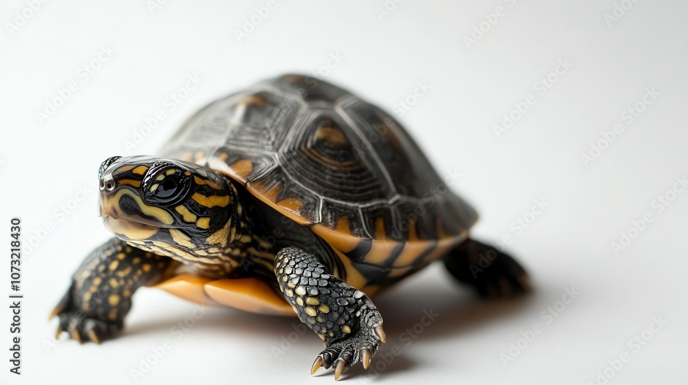Fototapeta premium A small turtle with a patterned shell crawls across a white background.