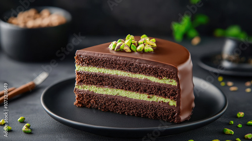 Close-up of a Dubai chocolate cake slice, with green kataifi and pistachio paste layers, creating an irresistible visual for a high-end bakery or food brand 