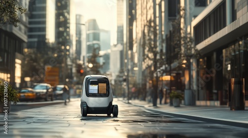 Autonomous vehicle navigating through a vibrant urban street environment.