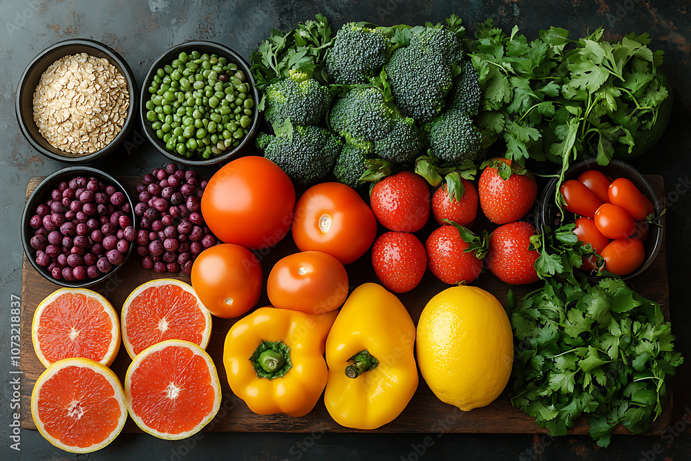 Fresh organic fruits, vegetables, and grains arranged on a rustic table, promoting a healthy eating and natural lifestyle with vibrant colors and clean ingredients.
Fresh organic fruits, vegetables, and grains arranged on a rustic table, promoting a healthy eating and natural lifestyle with vibrant colors and clean ingredients.
