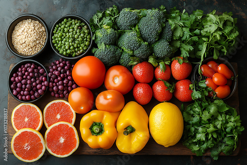 Fresh organic fruits, vegetables, and grains arranged on a rustic table, promoting a healthy eating and natural lifestyle with vibrant colors and clean ingredients. 