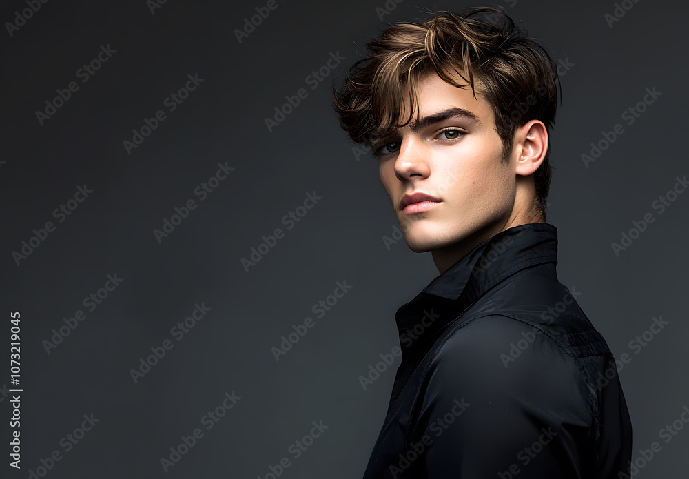 A handsome young man with brown hair, dressed in black , poses for the camera against a gray background. A handsome young man with brown hair, dressed in black , poses for the camera against a gray background.