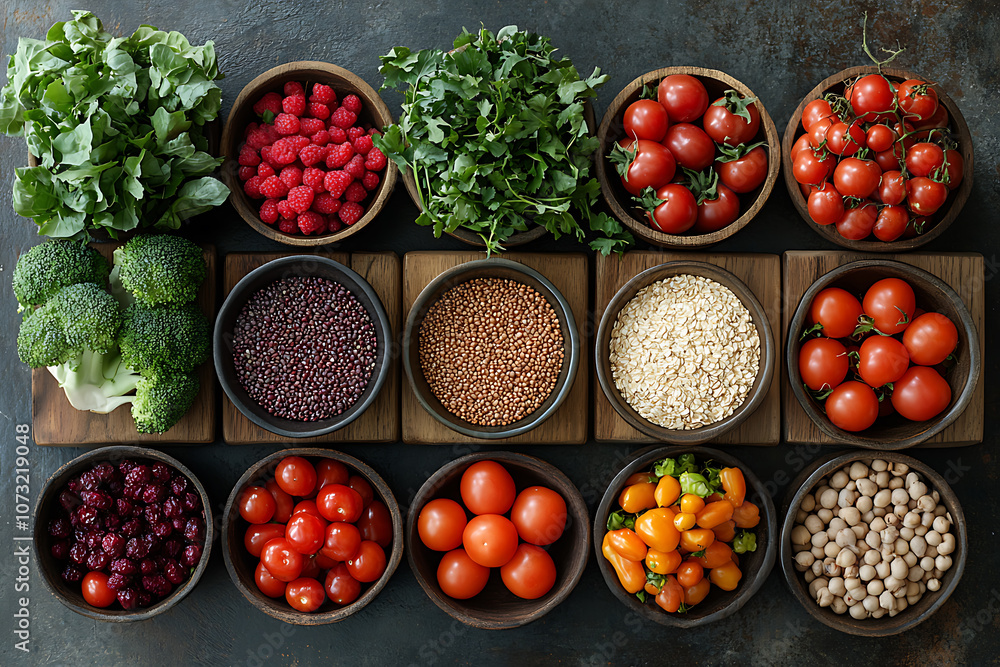 Fresh organic fruits, vegetables, and grains arranged on a rustic table, promoting a healthy eating and natural lifestyle with vibrant colors and clean ingredients.
Fresh organic fruits, vegetables, and grains arranged on a rustic table, promoting a healthy eating and natural lifestyle with vibrant colors and clean ingredients.