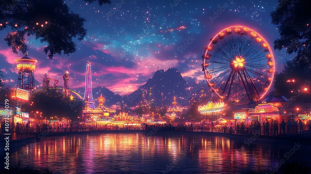 A vibrant amusement park at night with a Ferris wheel, a lake, and a starry sky. A vibrant amusement park at night with a Ferris wheel, a lake, and a starry sky.