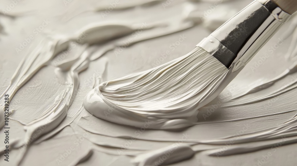 close-up of a paintbrush with white paint on a smooth surface close-up of a paintbrush with white paint on a smooth surface