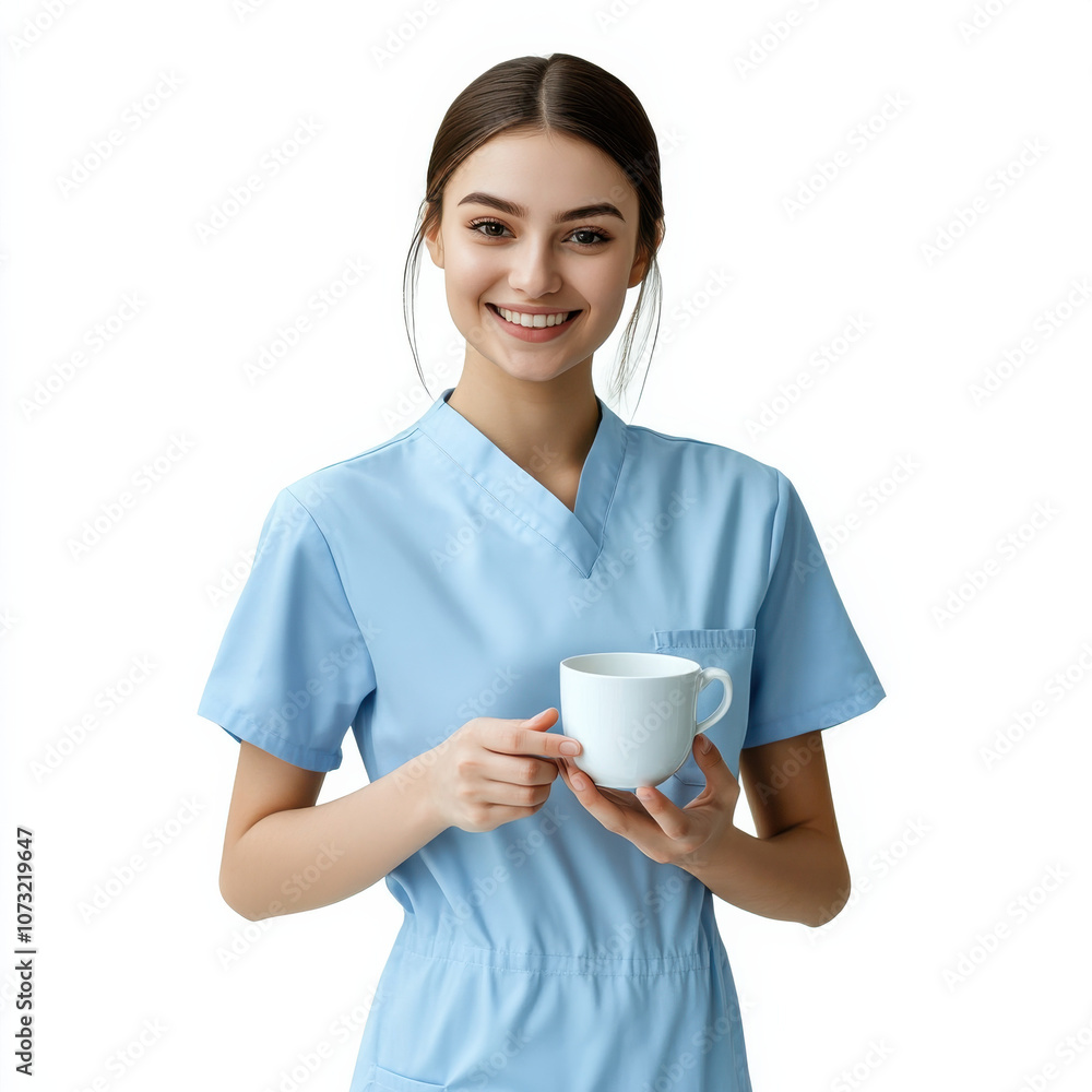 Smiling Nurse Holding Cup, Health Care Professional with Cheerful Expression in Medical Uniform Smiling Nurse Holding Cup, Health Care Professional with Cheerful Expression in Medical Uniform