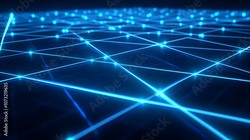 An interconnected digital network of glowing blue nodes and lines, creating a high-tech grid with depth and luminous highlights.

