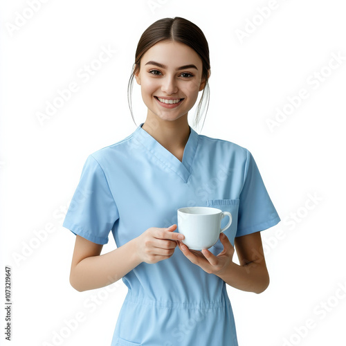 Smiling Nurse Holding Cup, Health Care Professional with Cheerful Expression in Medical Uniform