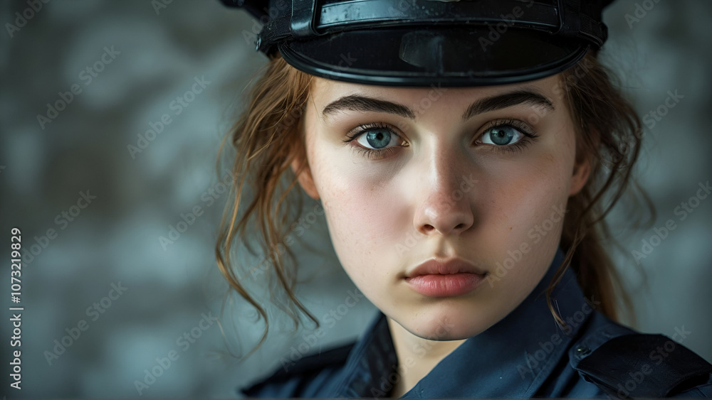 young woman in a police uniform looks directly at the camera young woman in a police uniform looks directly at the camera