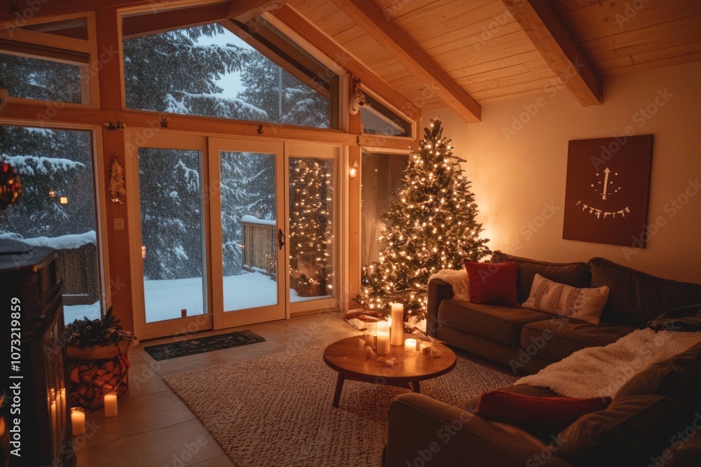 Cozy Living Room with Christmas Tree and Snowy View Cozy Living Room with Christmas Tree and Snowy View