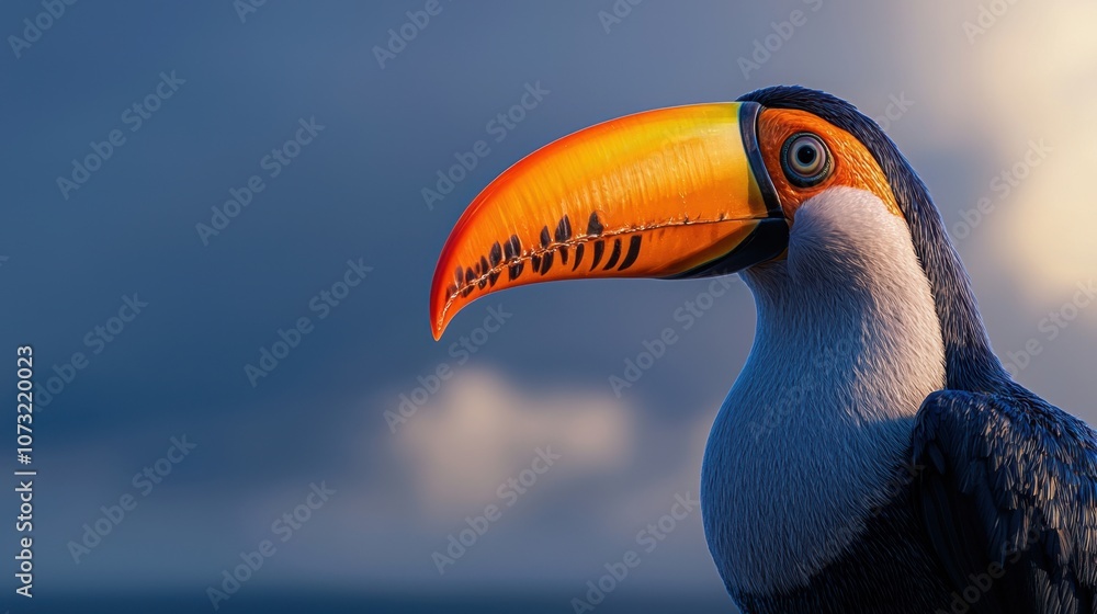 Naklejka premium A bird with a long beak and orange feathers is standing in front of a cloudy sky