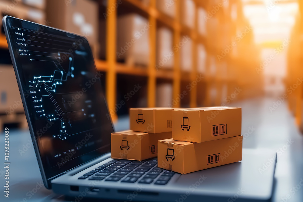 A high-tech warehouse with smooth inventory flow, displaying digital systems and optimizing stock movement