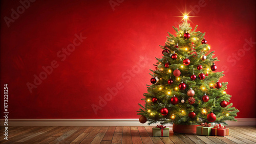 A beautiful lighting christmas tree with red wall with copyspace