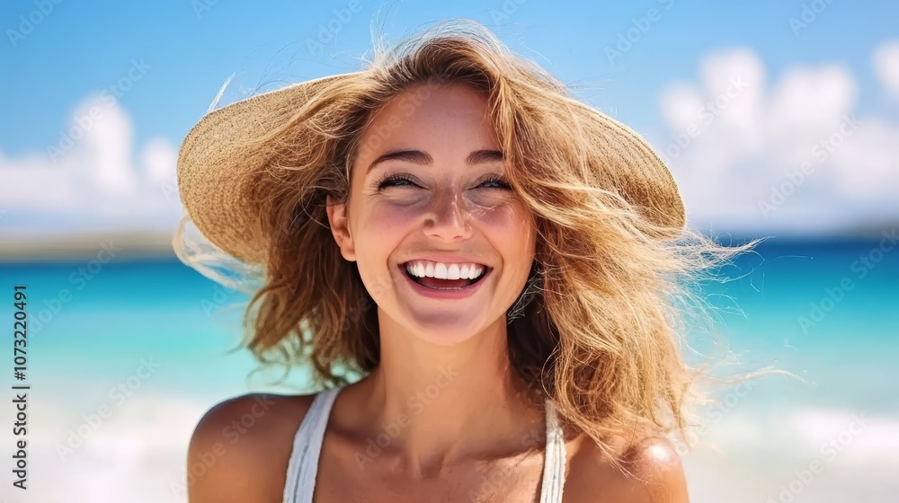 Joyful Woman with Straw Hat Smiles on Tropical Beach Vacation, Summer Fun and Relaxation Joyful Woman with Straw Hat Smiles on Tropical Beach Vacation, Summer Fun and Relaxation