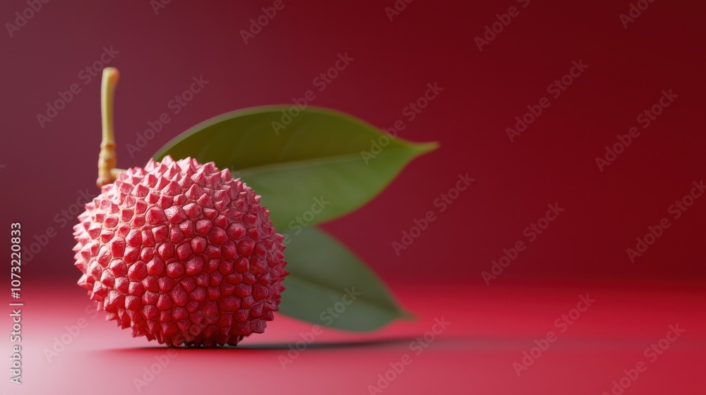 A red fruit with green leaves on a red background A red fruit with green leaves on a red background