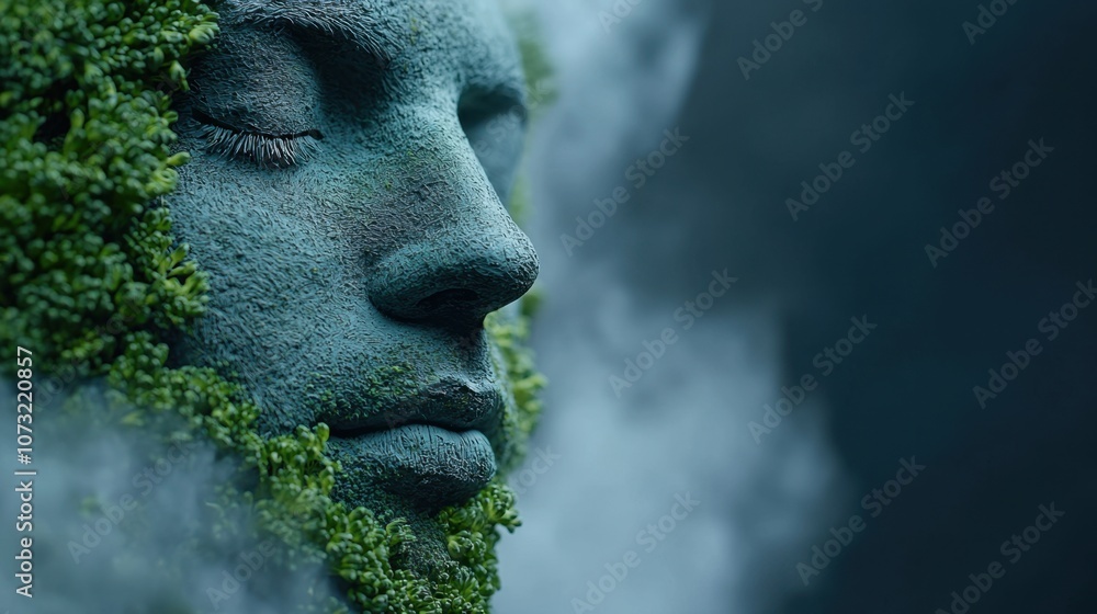 A statue of a face with green moss covering it A statue of a face with green moss covering it