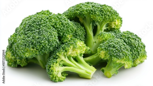A bunch of broccoli is displayed on a white background