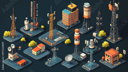 Conceptual template with man and woman looking at cell tower. Scene for pros and cons of 5G technology standard for digital cellular networks. Modern isometric vector illustration for webpage.