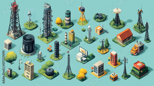 Conceptual template with man and woman looking at cell tower. Scene for pros and cons of 5G technology standard for digital cellular networks. Modern isometric vector illustration for webpage.