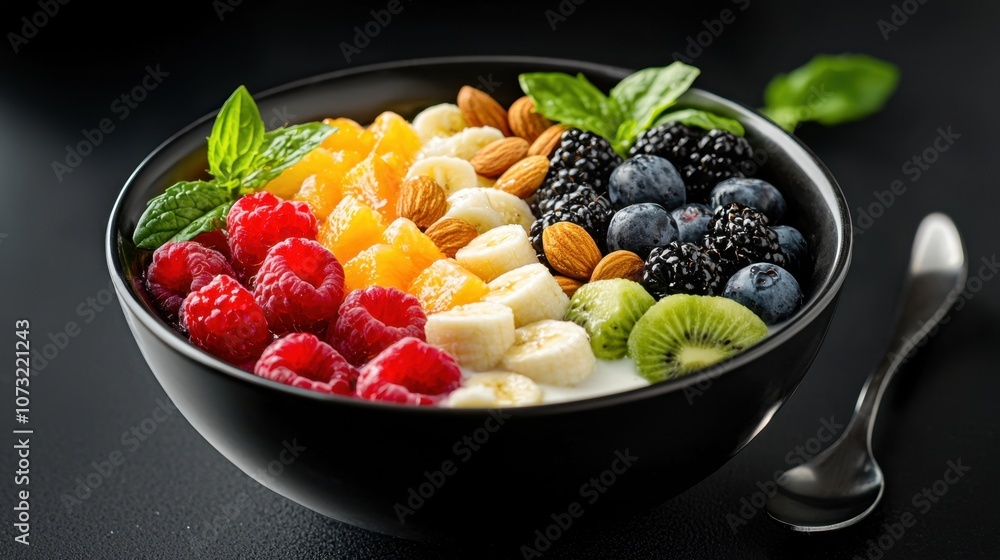 A bowl of fruit with a spoon in it A bowl of fruit with a spoon in it