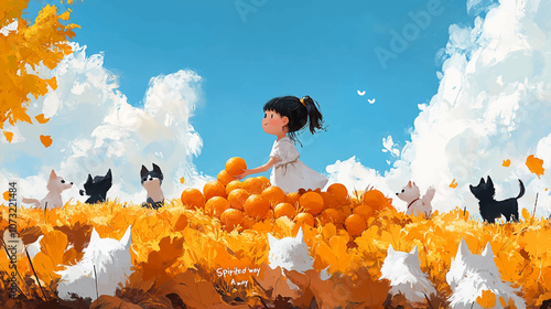 A cute little girl is picking oranges on top of the ginkgo leaves, with several small dogs running around her. The background features a blue sky and white clouds, creating an overall warm color tone.