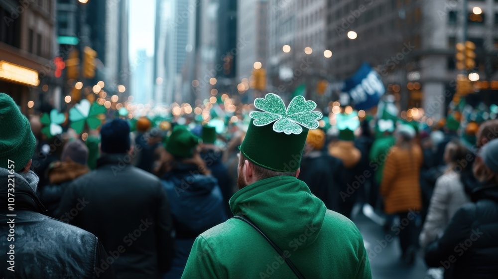 A man wearing a green hat with a shamrock on it stands in a crowd of people A man wearing a green hat with a shamrock on it stands in a crowd of people