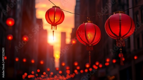 A vibrant sunset illuminates red lanterns hanging in an urban setting, creating a warm and inviting atmosphere.