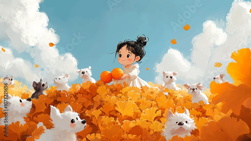 A cute little girl is picking oranges on top of the ginkgo leaves, with several small dogs running around her. The background features a blue sky and white clouds, creating an overall warm color tone.