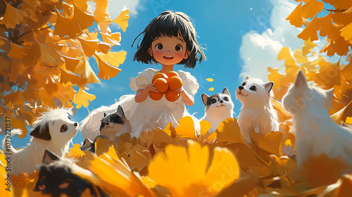 A cute little girl is picking oranges on top of the ginkgo leaves, with several small dogs running around her. The background features a blue sky and white clouds, creating an overall warm color tone.