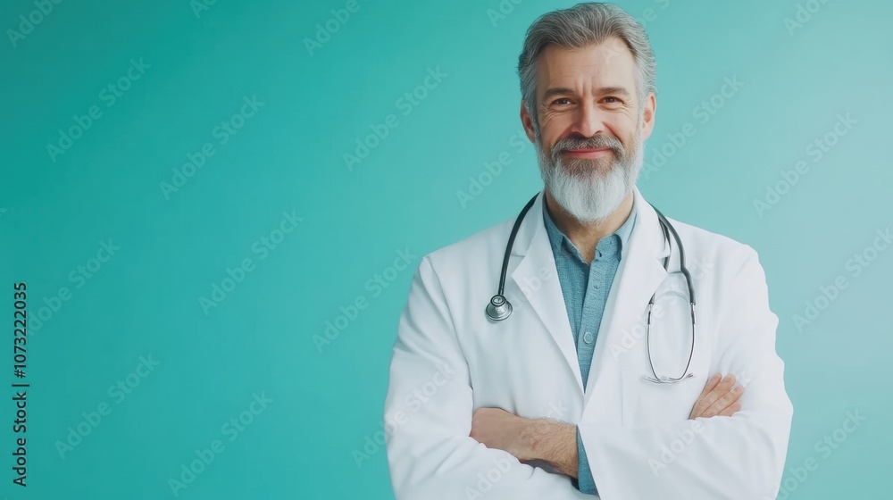 Confident middle-aged doctor smiling in professional setting Confident middle-aged doctor smiling in professional setting