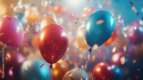 Vibrant office party celebration with colorful balloons and confetti