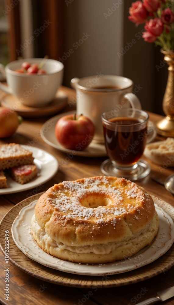 Fluffy cheesecake served on a plate with coffee, apples, and a bowl of fruit on a wooden table
Fluffy cheesecake served on a plate with coffee, apples, and a bowl of fruit on a wooden table