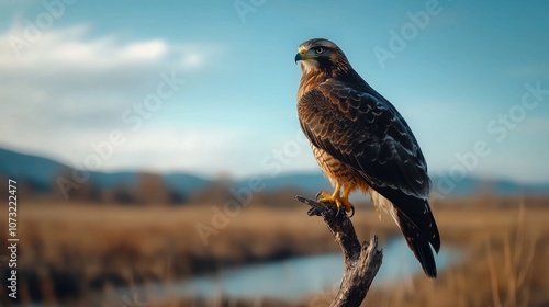 A large brown and black bird is perched on a branch