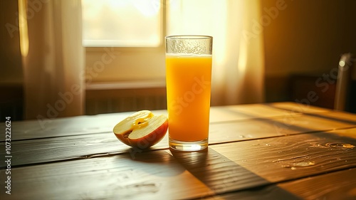 A Glass of Freshly Squeezed Juice and Half an Apple on a Rustic Wooden Table in the Warm Light of a Window