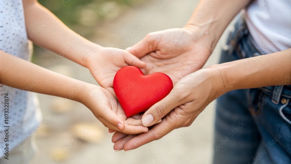 Mother and daughter tenderly grasping a red heart, representing love, nurturing, and the bonds of family Mother and daughter tenderly grasping a red heart, representing love, nurturing, and the bonds of family