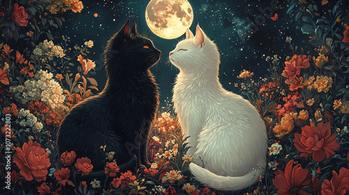 A detailed and enchanting design featuring a yin yang inspired illustration of a black cat and a white cat sitting together in a floral garden with moon light.