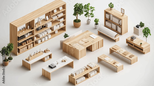 Isometric trading hall in supermarket interior. Products stands and stalls, cash services. Cashier and self service zone, grocery shopping flawless vector scene.