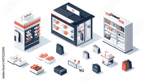 Isometric trading hall in supermarket interior. Products stands and stalls, cash services. Cashier and self service zone, grocery shopping flawless vector scene.