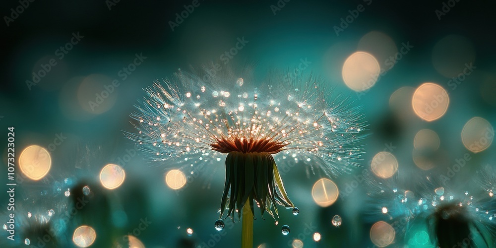 Fototapeta premium Close-Up of a Dandelion Seed Head Glimmering with Water Droplets Against a Beautiful Turquoise Background, Capturing Nature's Delicate Beauty and Intricacies