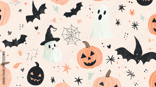 Pastel color vector seamless Halloween pattern with pumpkins, witch hats, cobwebs, spiders and candies isolated on a white background.