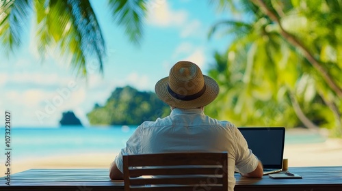 Embracing Remote Work: Digital Nomad Utilizing Wi-Fi for Flexible Work in Tropical Paradise