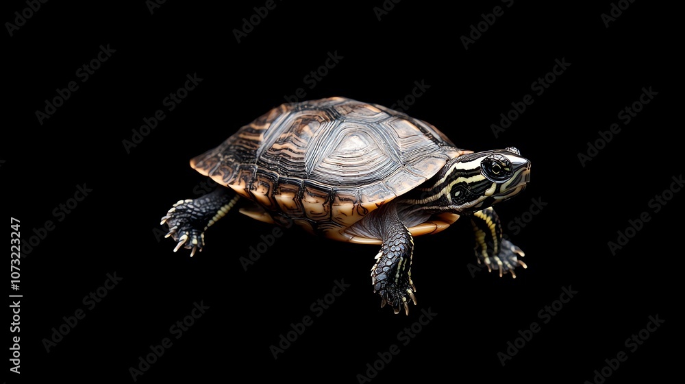 Obraz premium A small turtle with a patterned shell is walking on a black background.