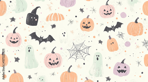 Pastel color vector seamless Halloween pattern with pumpkins, witch hats, cobwebs, spiders and candies isolated on a white background.
