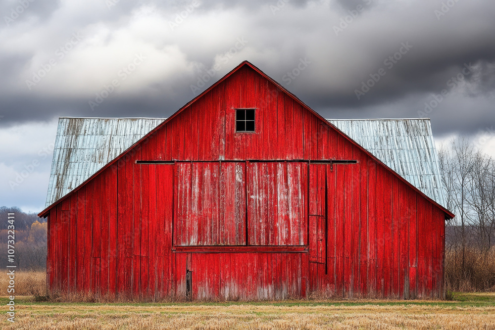 Old red barn in a rural field under dramatic cloudy skies, showcasing rustic charm and weathered beauty. Old red barn in a rural field under dramatic cloudy skies, showcasing rustic charm and weathered beauty.