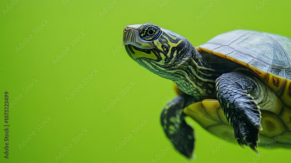 Obraz premium A small turtle with a patterned shell crawls across a green background.