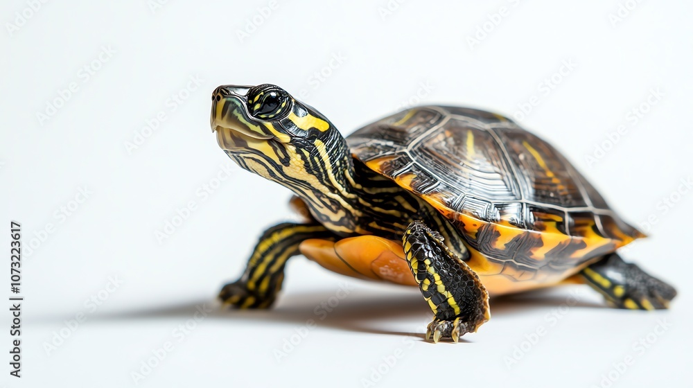 Fototapeta premium A small turtle with a patterned shell crawls on a white background.