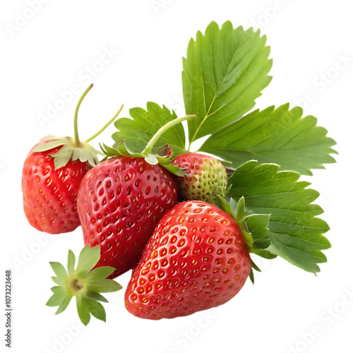 An image of halved and whole strawberries with vibrant red color isolated on a transparent background