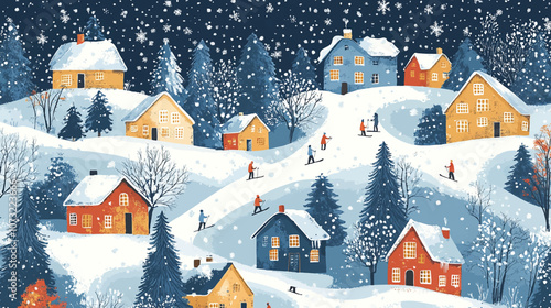 Landscape of a mountain village. Houses and trees on snow covered hills, mountains in the background. A clear winter day. Snowfall in the background. Vector illustration for background or banner.