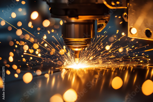 Photo of Sparks from industrial laser cutting, close-up view of sheet metal being cut, dynamic image showing cutting edge technology