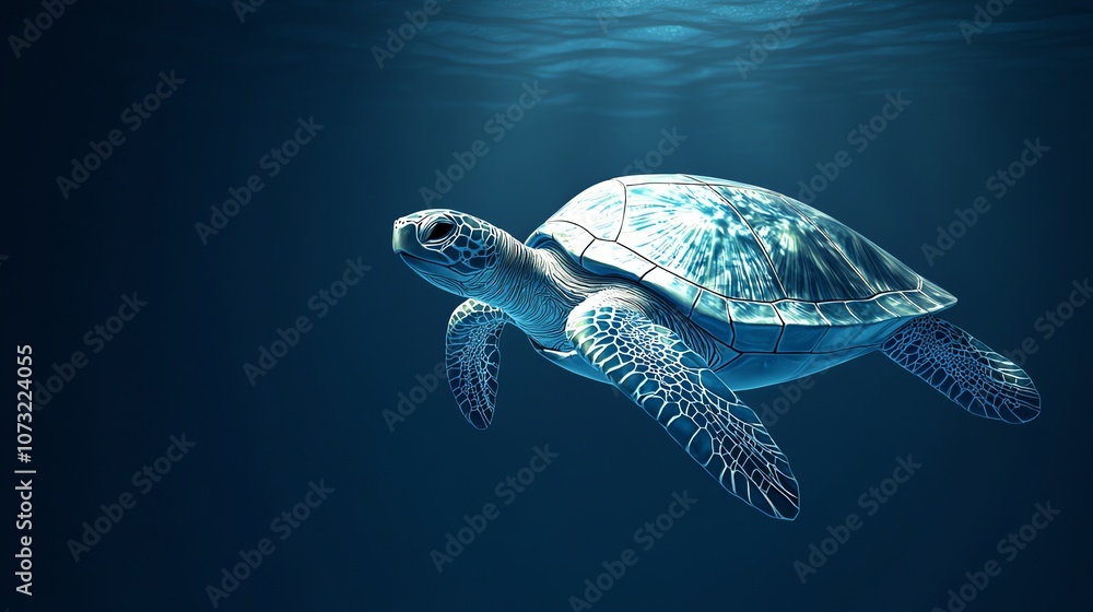 Fototapeta premium A sea turtle swims gracefully through the water, isolated on a blue background.